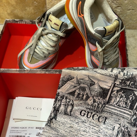 Gucci Ultrapace Distressed Sneakers with Pink & Orange Women Size 7 - Picture 2 of 3